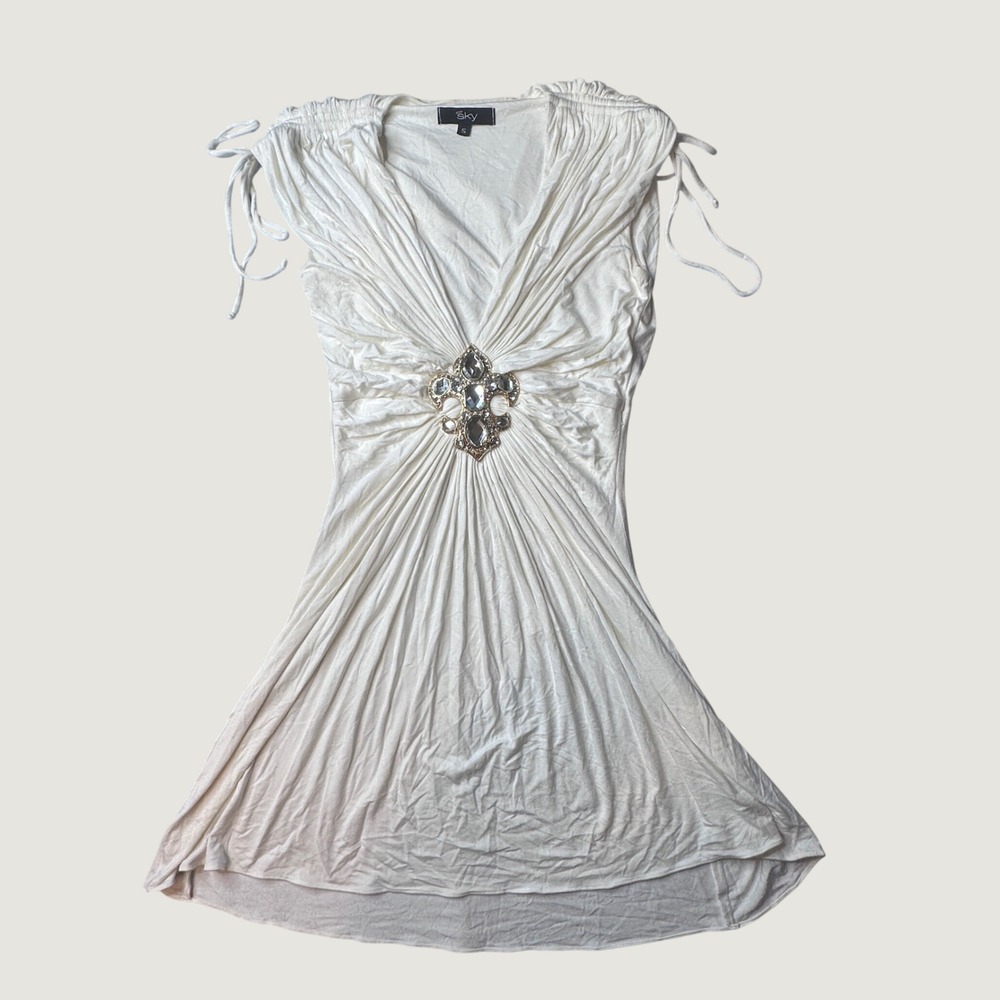 Sky Tunic Top Women S 9292RX Cream Crystal Fleur-de-lis Ruched Sleeveless FAIR